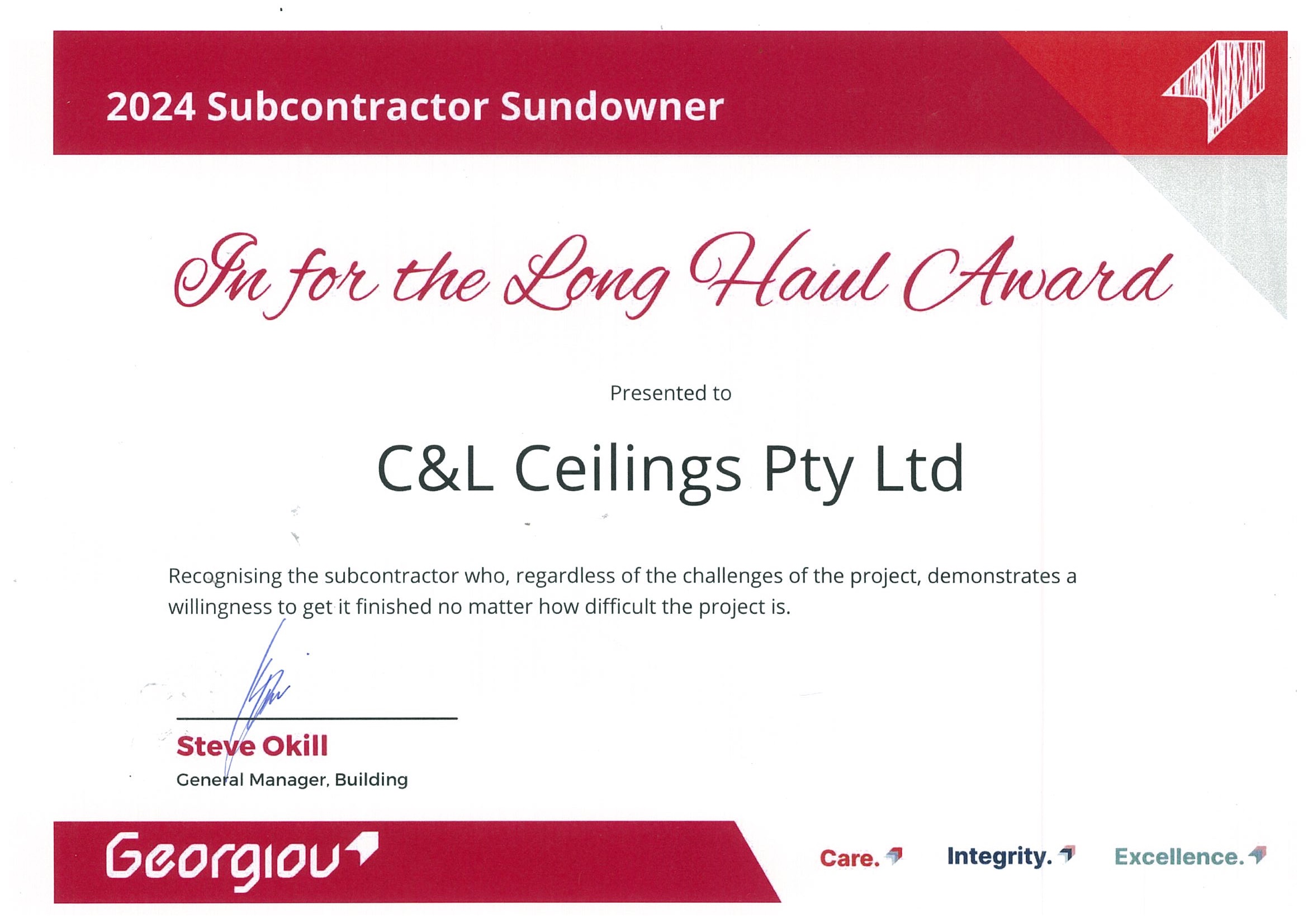 In for the Long Haul Award 2024 Sub contractor Award 2024