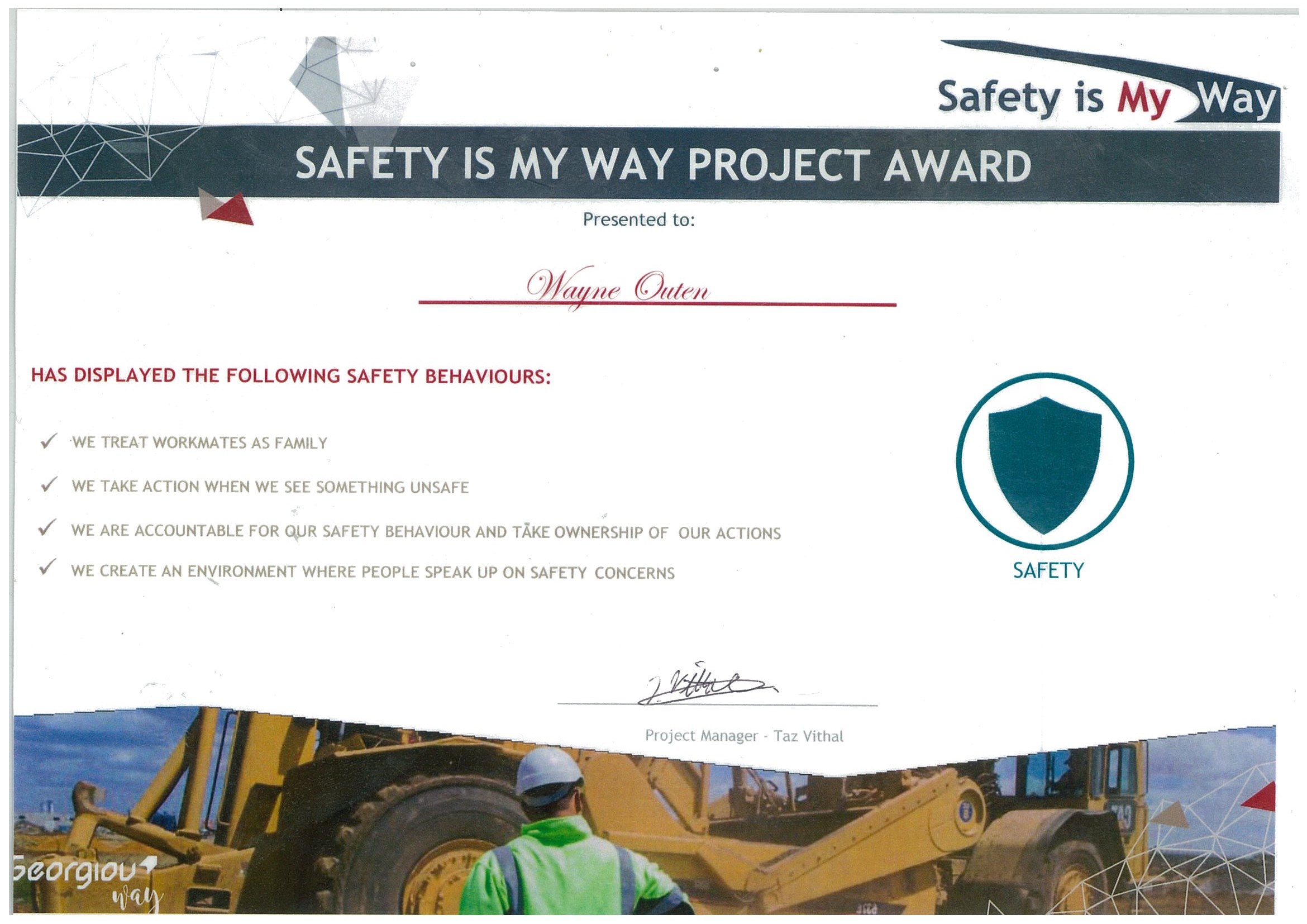 Safety Award - Wayne Outen Safety Award - Wayne Outen